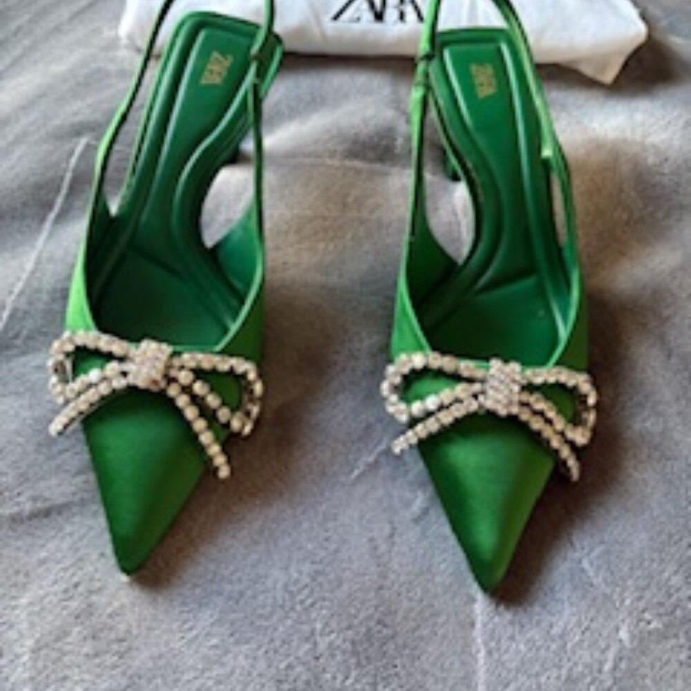 Green satin slings with rhinestone bow